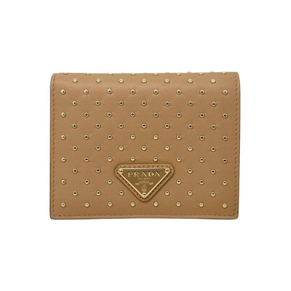 Prada Bifold Wallet Studded Leather Triangle Logo Natural Beige Gold