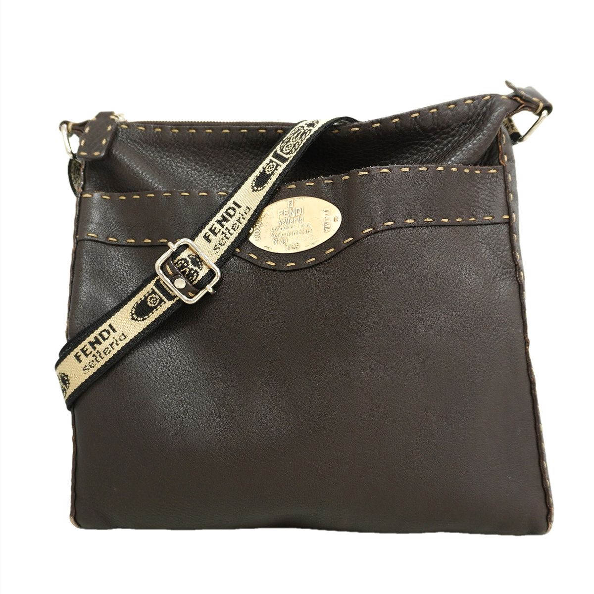 Fendi Shoulder Bag Selleria Leather Dark Brown Silver
