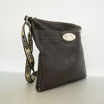 Fendi Shoulder Bag Selleria Leather Dark Brown Silver — view 2