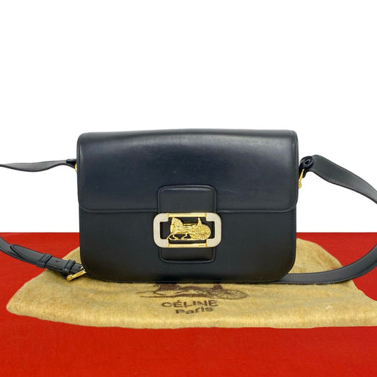 Celine Vintage Logo Carriage Calf Leather Shoulder Bag Pochette Black