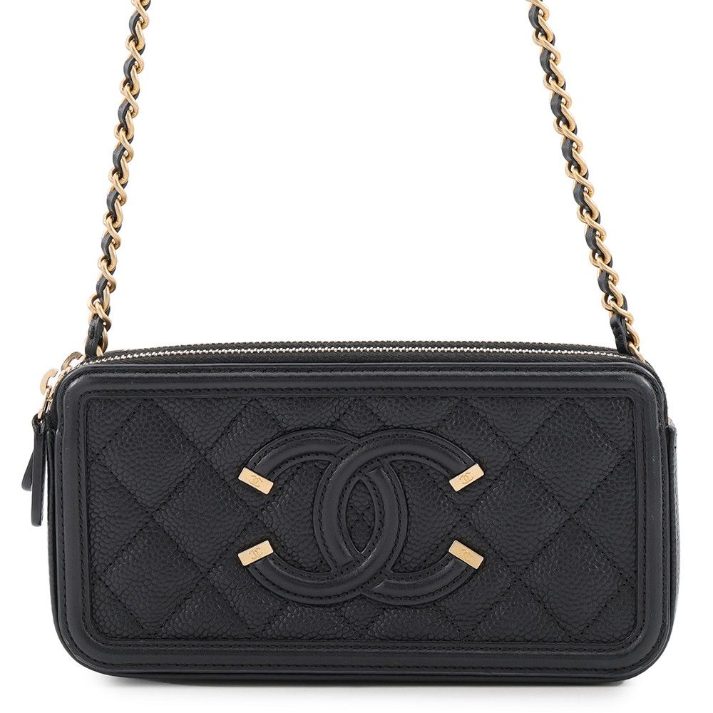 Chanel Chain Wallet CC Filigree Caviar Leather Black Shoulder Bag
