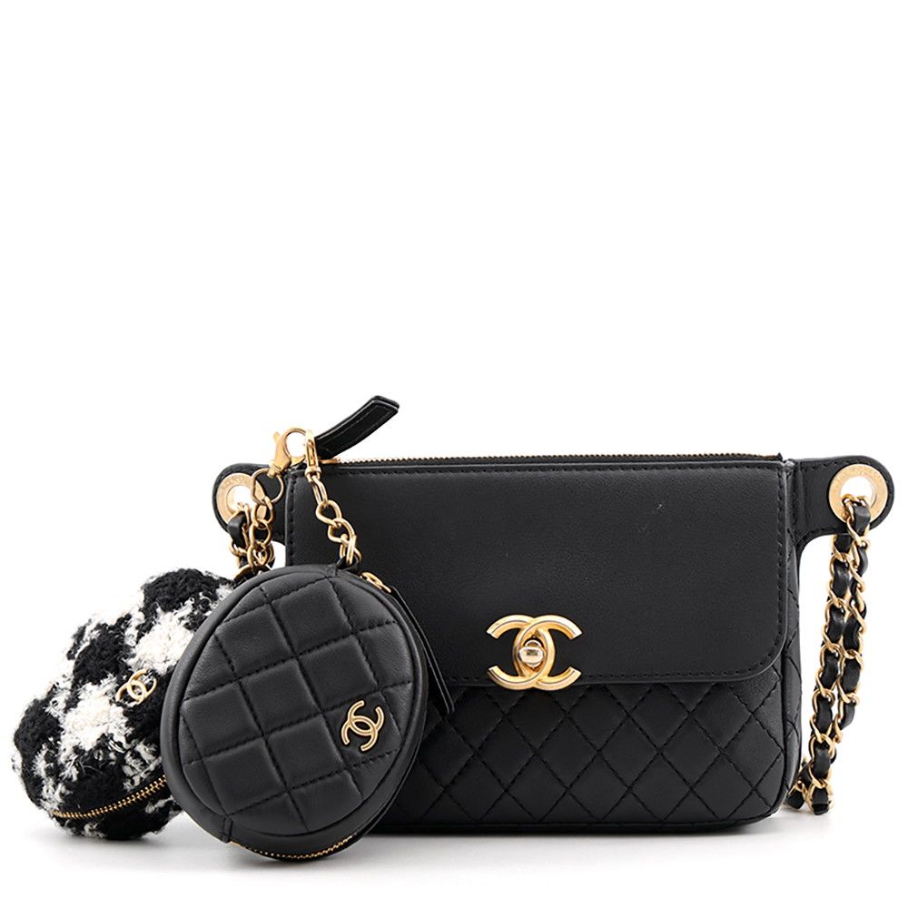 Chanel Waist Bag CC Logo Quilted Leather Tweed Black
