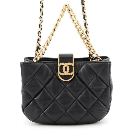 Chanel Chain Shoulder Bag Quilted CC Logo Lambskin 2-Way Black