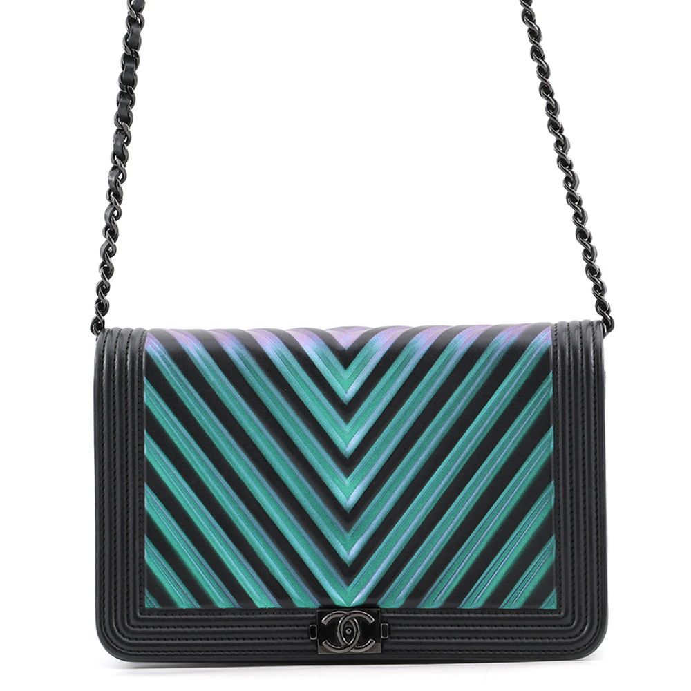 Chanel Chain Wallet Chevron CC Logo Boy Lambskin Black Shoulder Bag