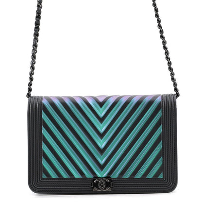 Chanel Chain Wallet Chevron CC Logo Boy Lambskin Black Shoulder Bag