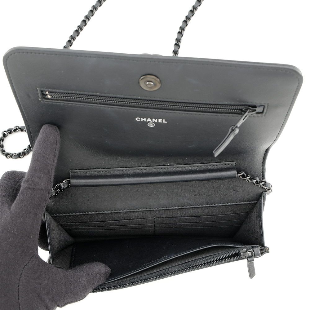 Chanel Chain Wallet Chevron CC Logo Boy Lambskin Black Shoulder Bag — view 6