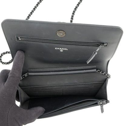Chanel Chain Wallet Chevron CC Logo Boy Lambskin Black Shoulder Bag — view 6