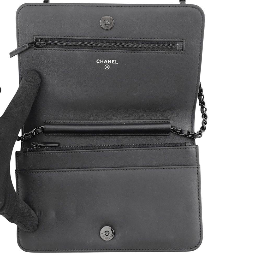 Chanel Chain Wallet Chevron CC Logo Boy Lambskin Black Shoulder Bag — view 5