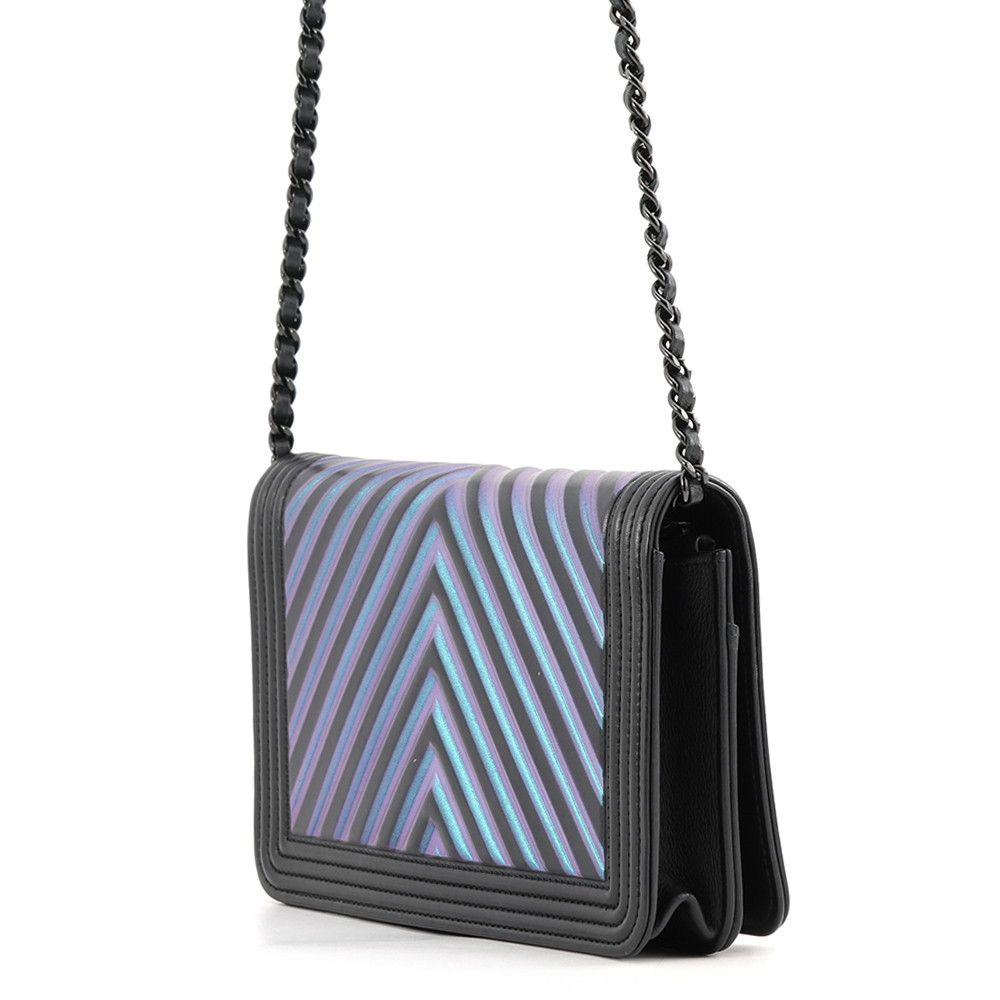 Chanel Chain Wallet Chevron CC Logo Boy Lambskin Black Shoulder Bag — view 2