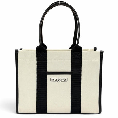 Balenciaga Leather Canvas 2-Way Handbag Ivory Black
