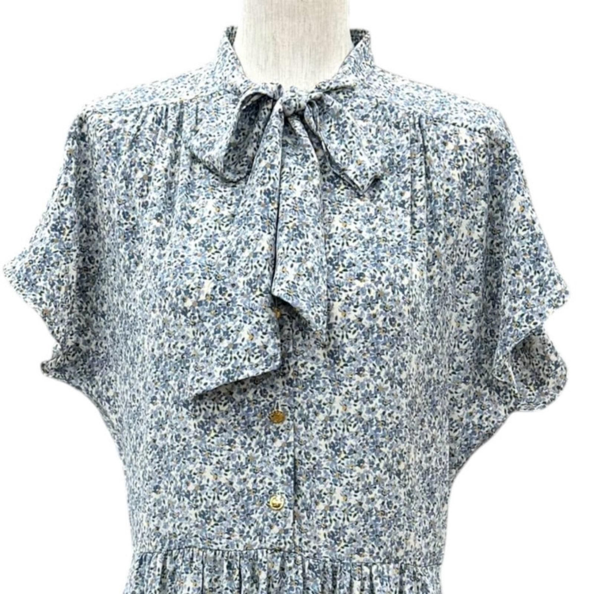 Celine Silk 100% Triomphe Button Bow Tie Floral Dress Light Blue FR 38 — view 2