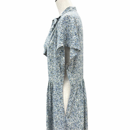 Celine Silk 100% Triomphe Button Bow Tie Floral Dress Light Blue FR 38 — view 5