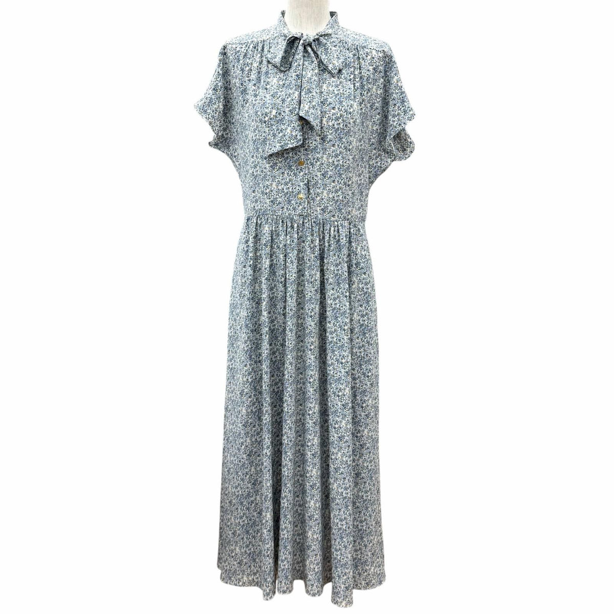 Celine Silk 100% Triomphe Button Bow Tie Floral Dress Light Blue FR 38
