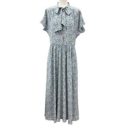 Celine Silk 100% Triomphe Button Bow Tie Floral Dress Light Blue FR 38