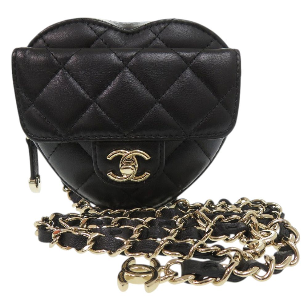 Chanel Chain Shoulder CC Logo Quilted Mini Heart Lambskin Black Bag