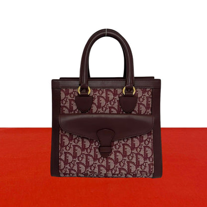 Dior Vintage Trotter Pattern Canvas Leather Handbag Red