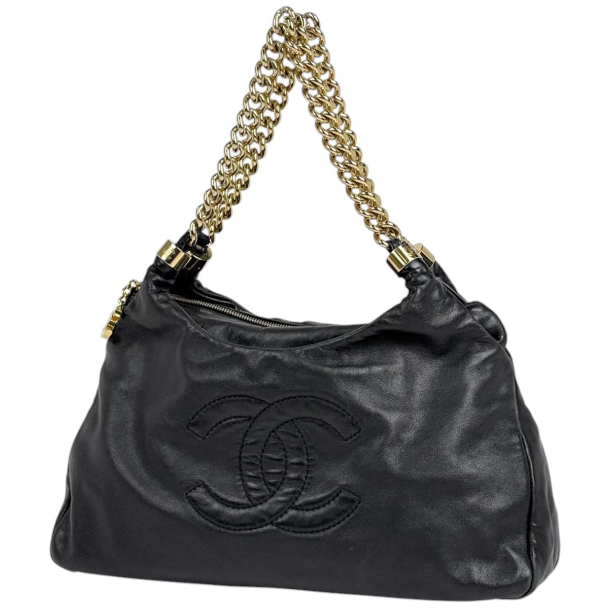 Chanel Tote Bag CC Logo Chain Leather Black