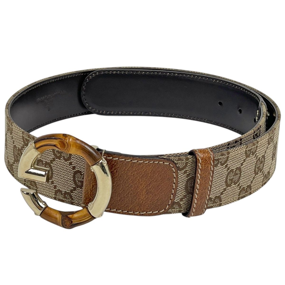 Gucci Belt GG Pattern Bamboo Canvas Leather Beige Brown