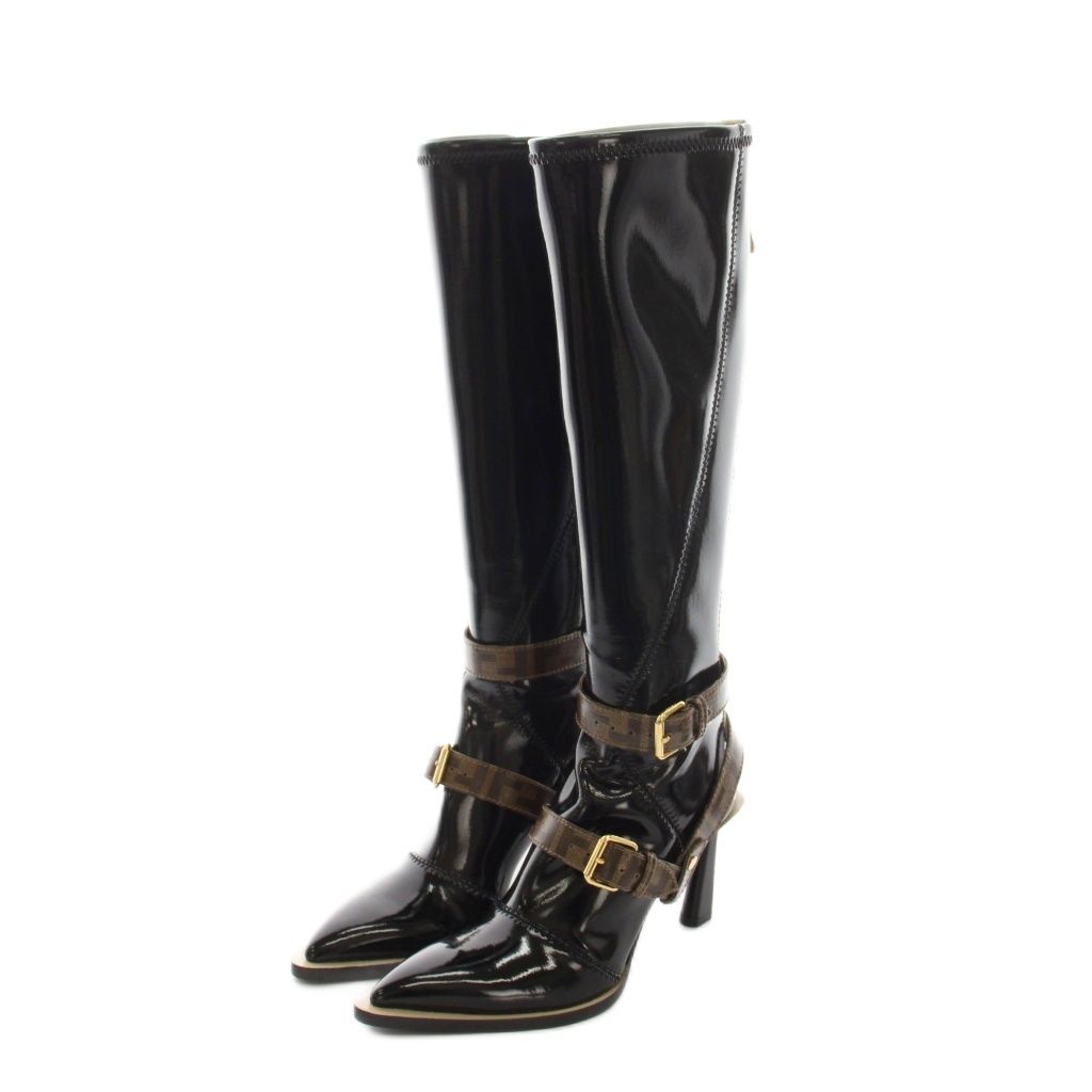 Fendi Zucca Pattern Patent Leather Long Boots Black Logo Belt Pointed Toe