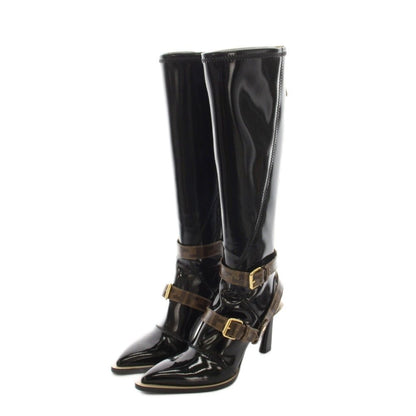 Fendi Zucca Pattern Patent Leather Long Boots Black Logo Belt Pointed Toe