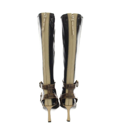 Fendi Zucca Pattern Patent Leather Long Boots Black Logo Belt Pointed Toe — view 4