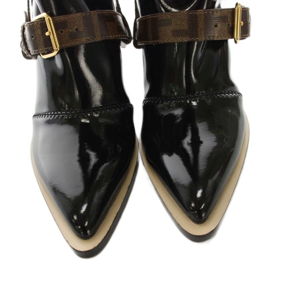 Fendi Zucca Pattern Patent Leather Long Boots Black Logo Belt Pointed Toe — view 3