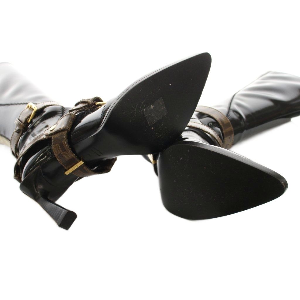Fendi Zucca Pattern Patent Leather Long Boots Black Logo Belt Pointed Toe — view 5