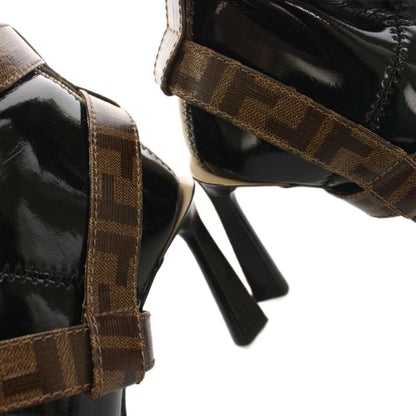 Fendi Zucca Pattern Patent Leather Long Boots Black Logo Belt Pointed Toe — view 6