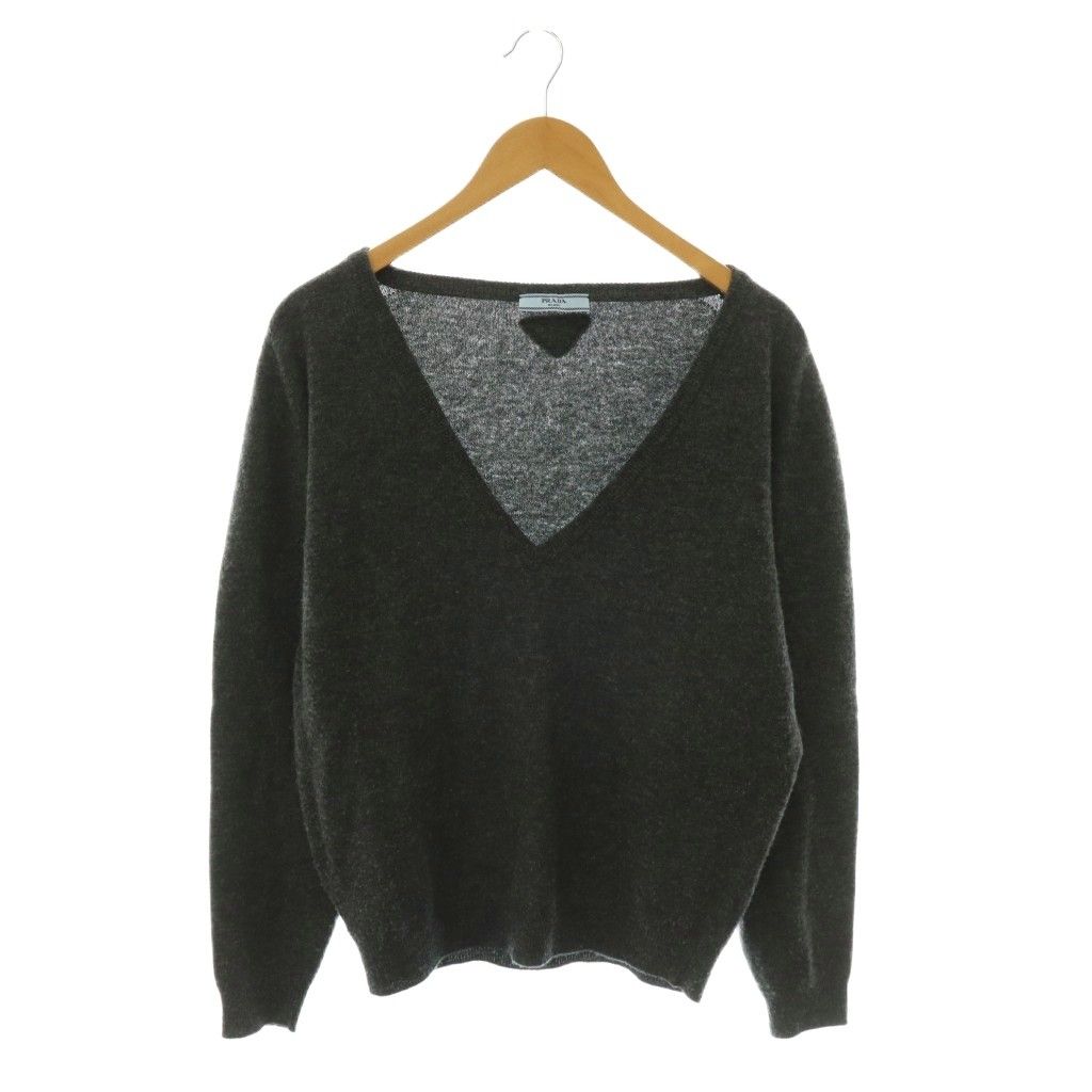 Prada V-neck Sweater Knit Long Sleeve Wool Charcoal Gray 38