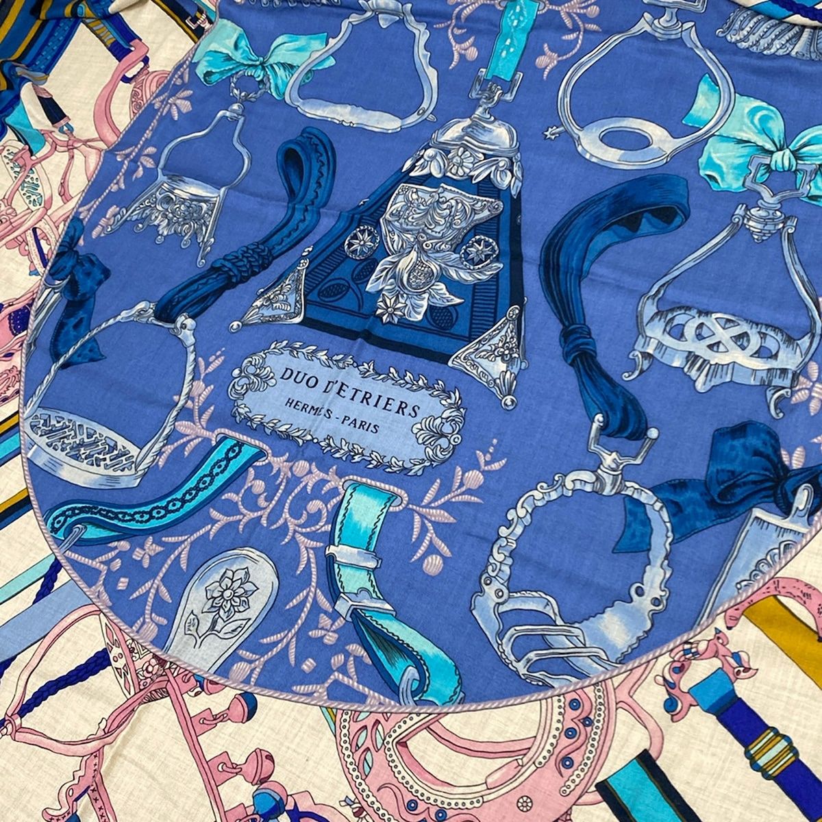 Hermes Shawl Carre 140 Blue Pink Multi Duo D'etriers Cashmere Silk Scarf — view 4