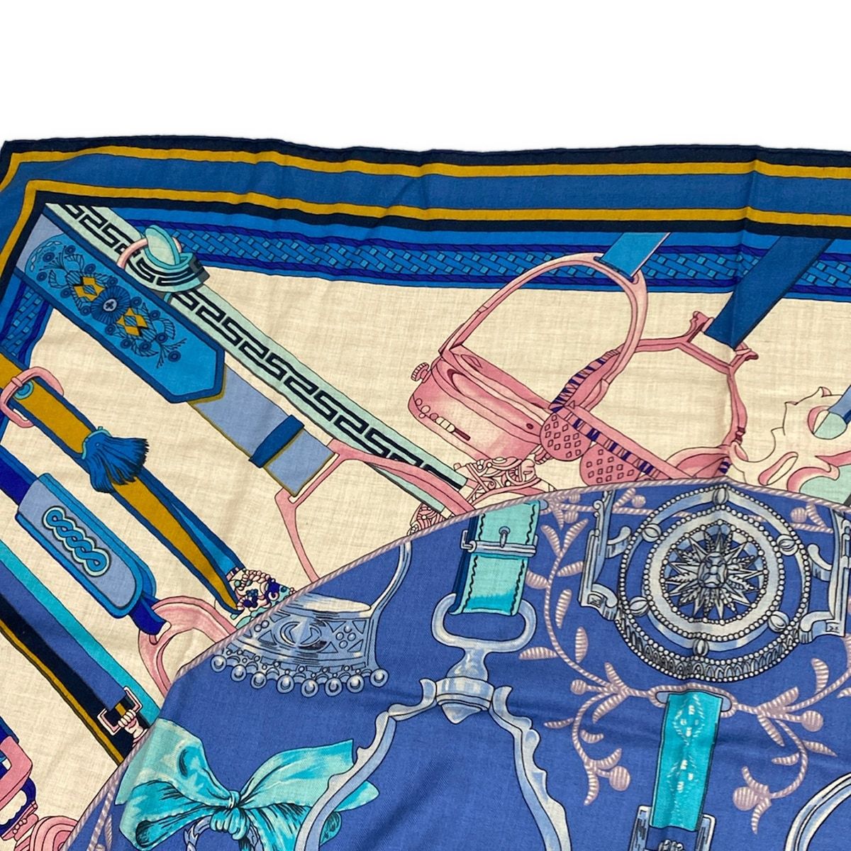 Hermes Shawl Carre 140 Blue Pink Multi Duo D'etriers Cashmere Silk Scarf — view 5
