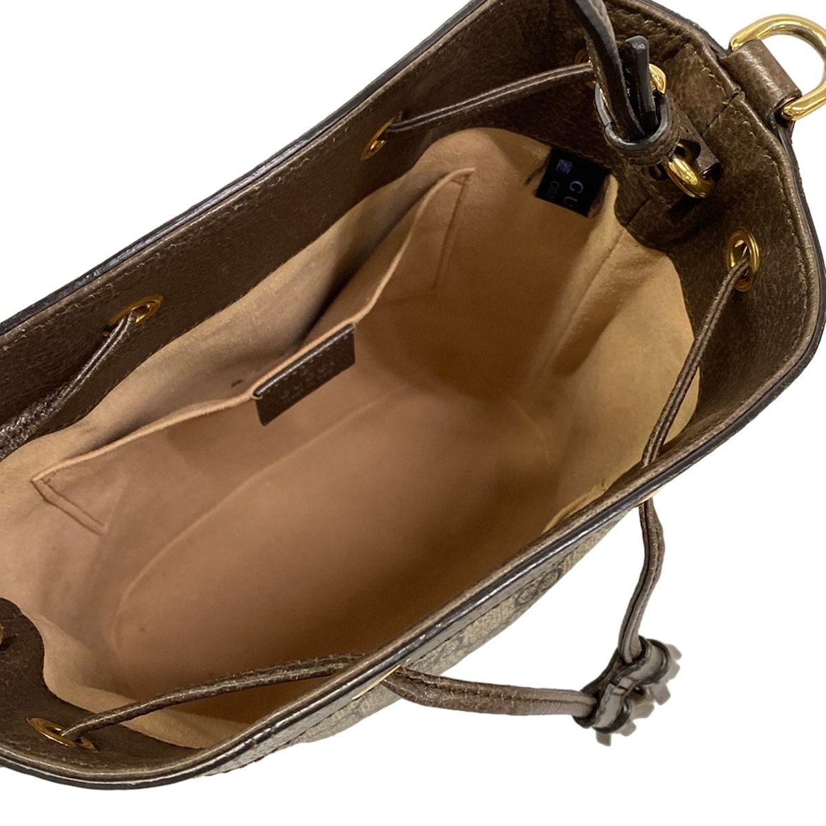 Gucci Ophidia GG Small Bucket Bag Beige Dark Brown Drawstring Leather — view 7