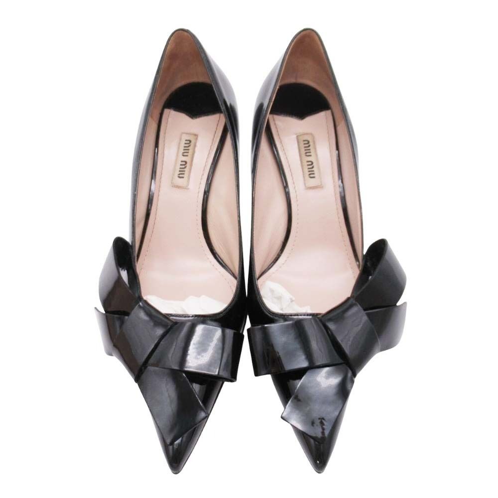 Miu Miu Ribbon Patent Pumps Pointed Toe Shoes Black — view 2