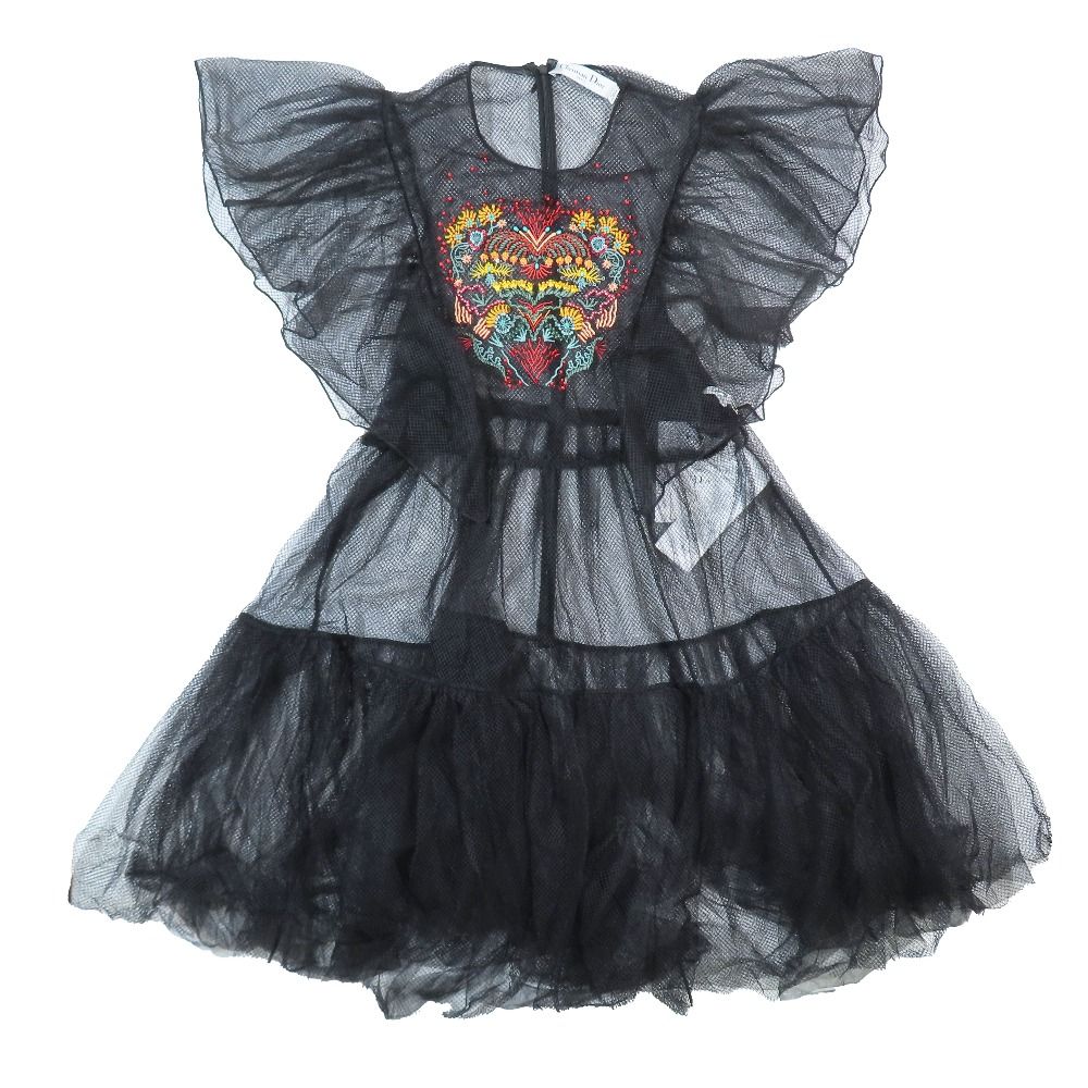 Dior Mesh Sheer Mini Dress Tulle Paisley Flower Embroidery Black 42 — view 2