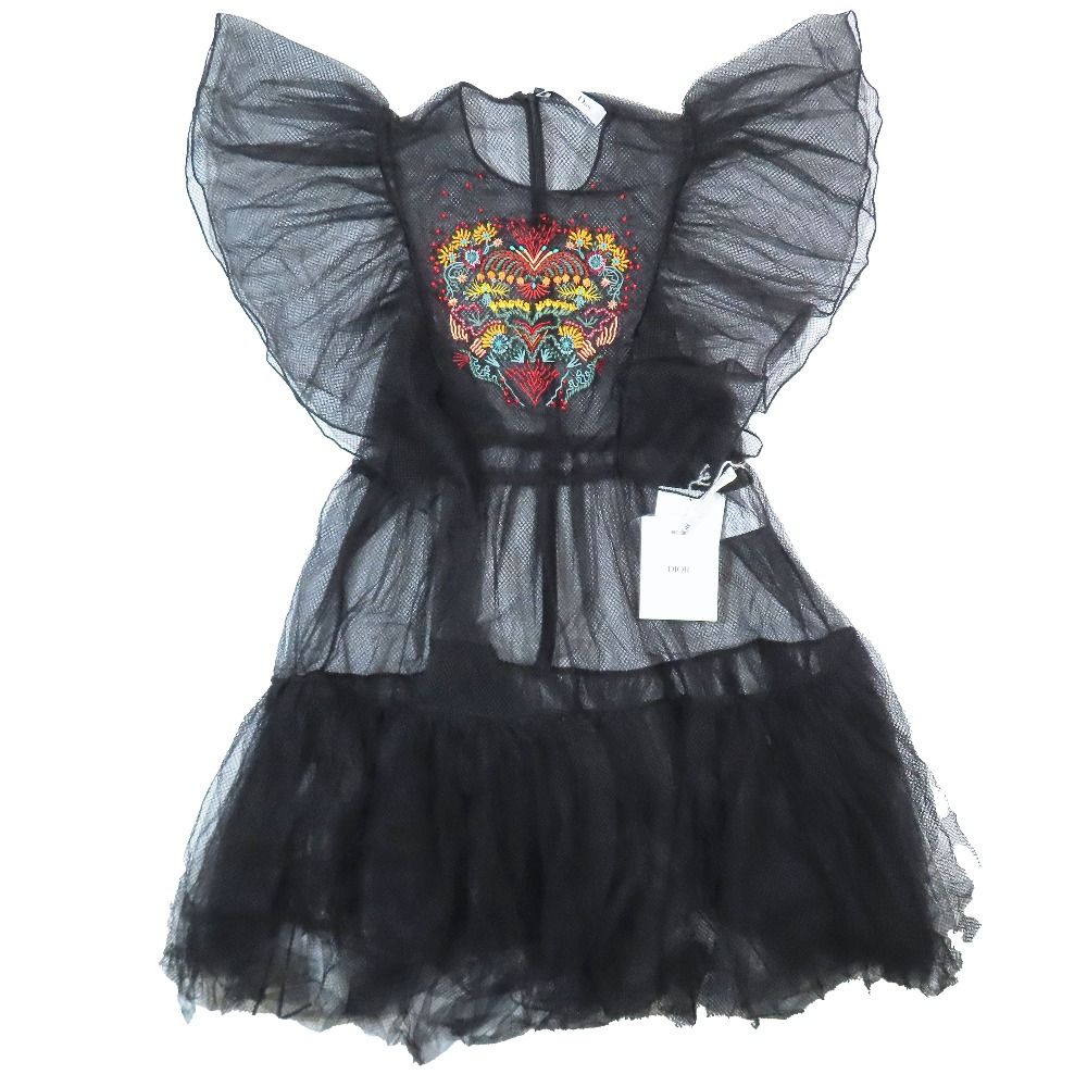 Dior Mesh Sheer Mini Dress Tulle Paisley Flower Embroidery Black 42