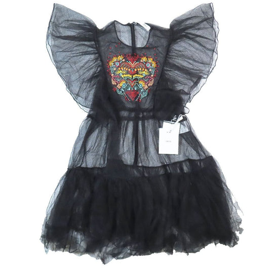 Dior Mesh Sheer Mini Dress Tulle Paisley Flower Embroidery Black 42