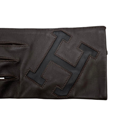 Hermes Lambskin Lining Silk 100% H Logo Gloves Dark Brown 8.5 — view 5