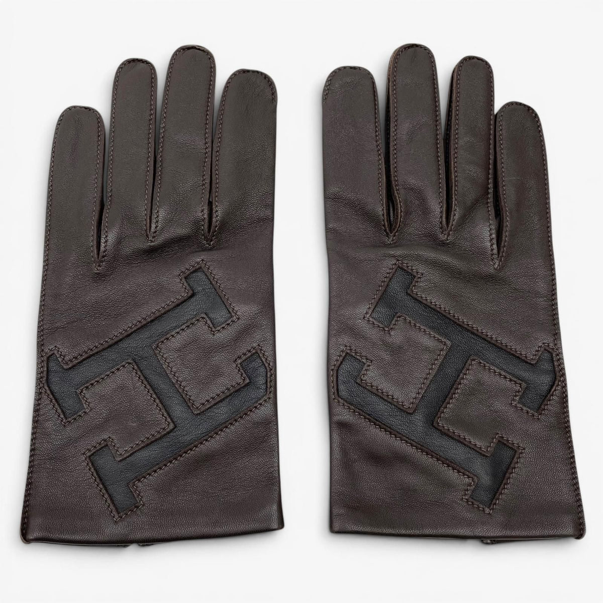 Hermes Lambskin Lining Silk 100% H Logo Gloves Dark Brown 8.5 — view 2