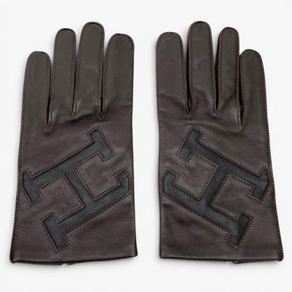 Hermes Lambskin Lining Silk 100% H Logo Gloves Dark Brown 8.5 — view 2