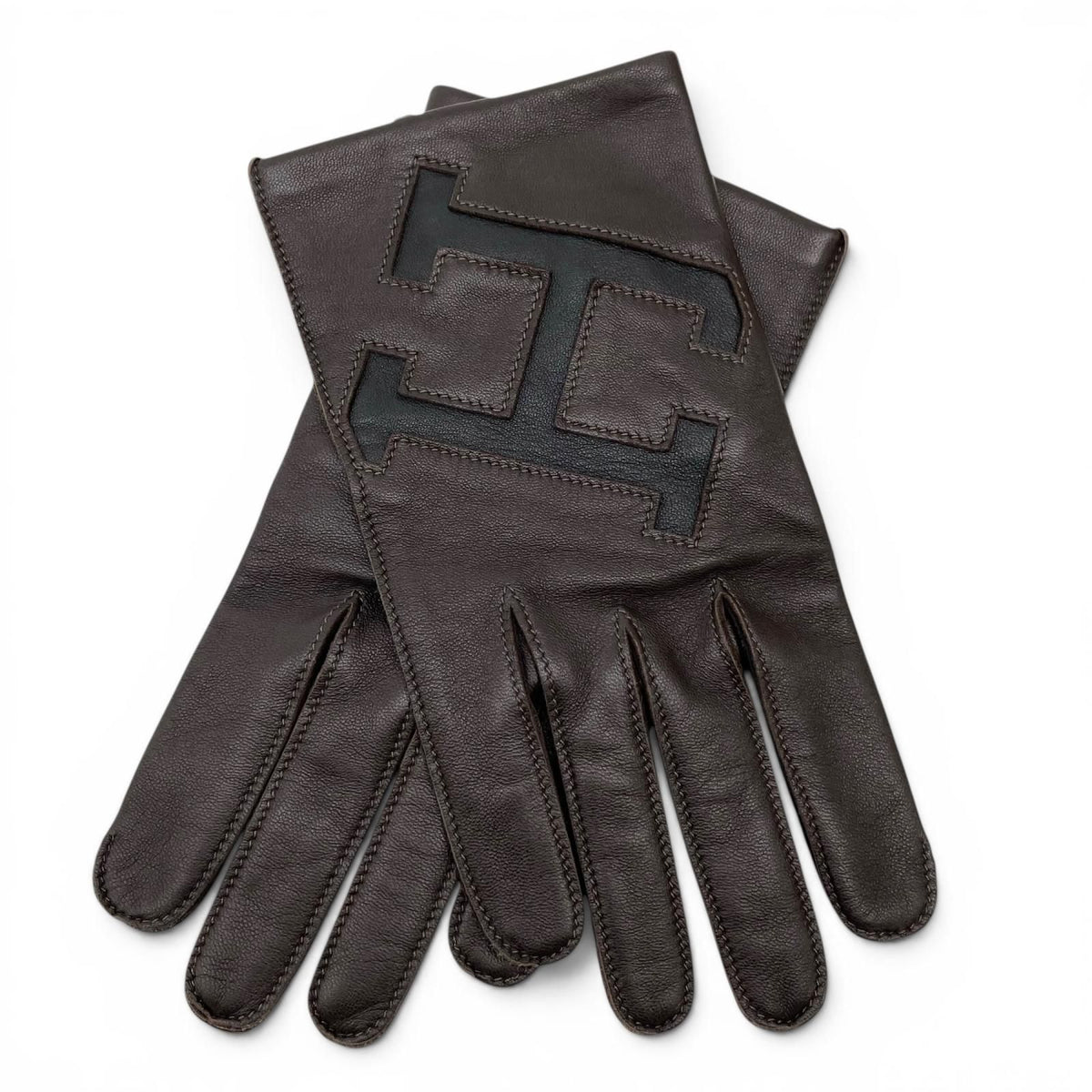 Hermes Lambskin Lining Silk 100% H Logo Gloves Dark Brown 8.5