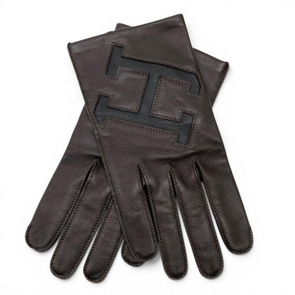Hermes Lambskin Lining Silk 100% H Logo Gloves Dark Brown 8.5