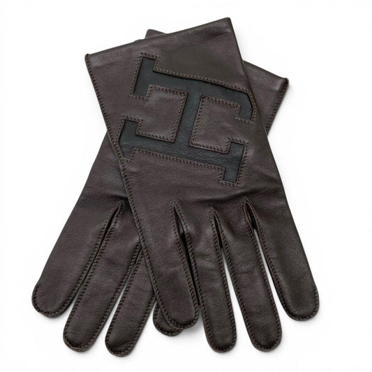 Hermes Lambskin Lining Silk 100% H Logo Gloves Dark Brown 8.5