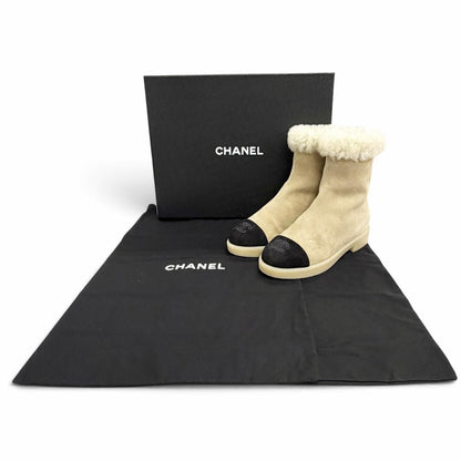 Chanel Suede Leather CC Logo Back Zip Shearling Ankle Boots Short — view 2