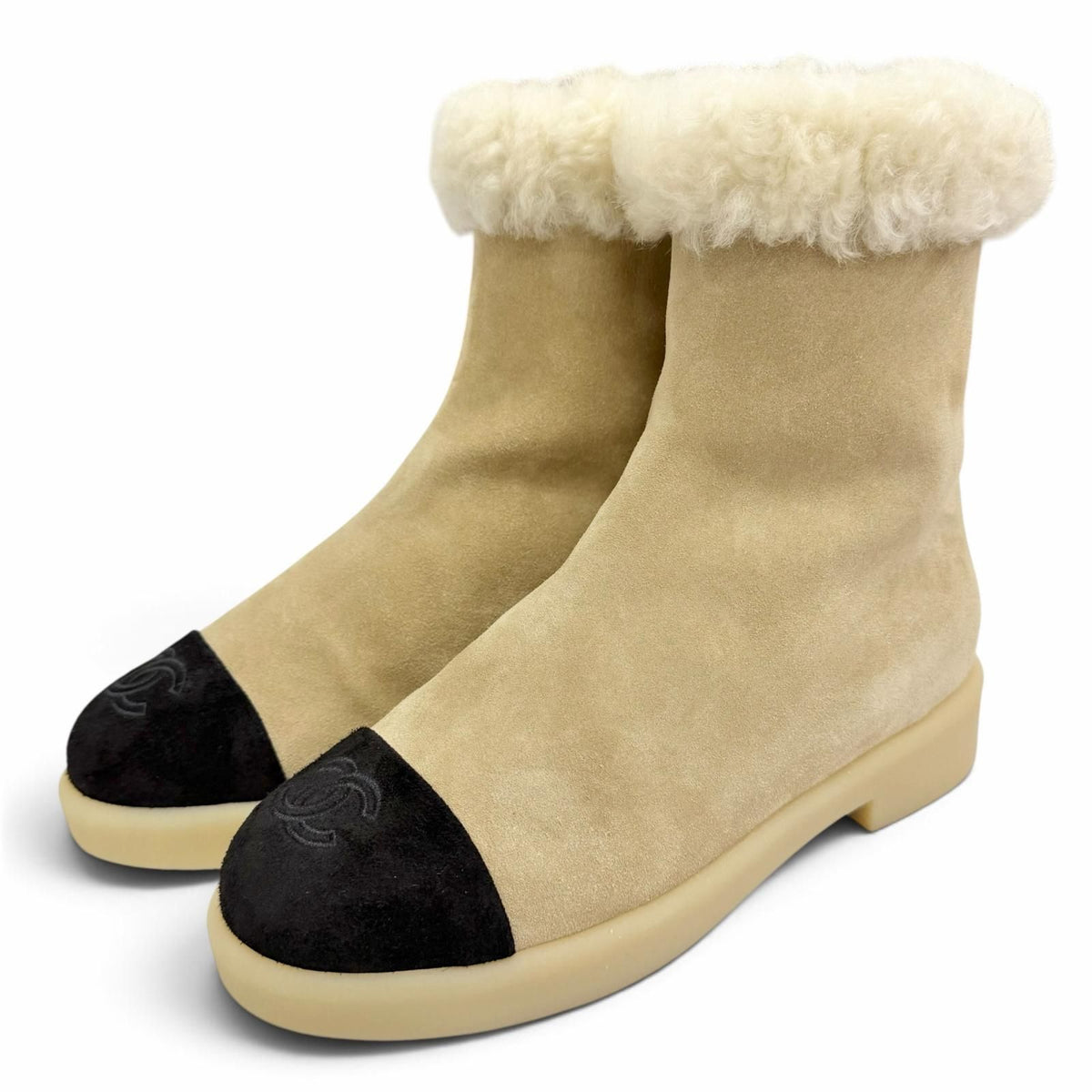 Chanel Suede Leather CC Logo Back Zip Shearling Ankle Boots Short
