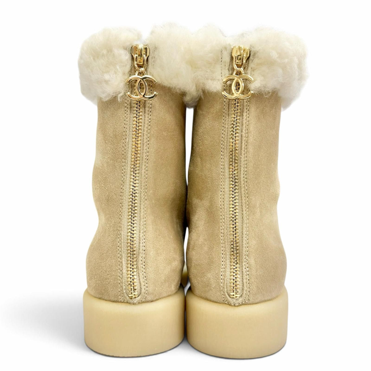 Chanel Suede Leather CC Logo Back Zip Shearling Ankle Boots Short — view 4