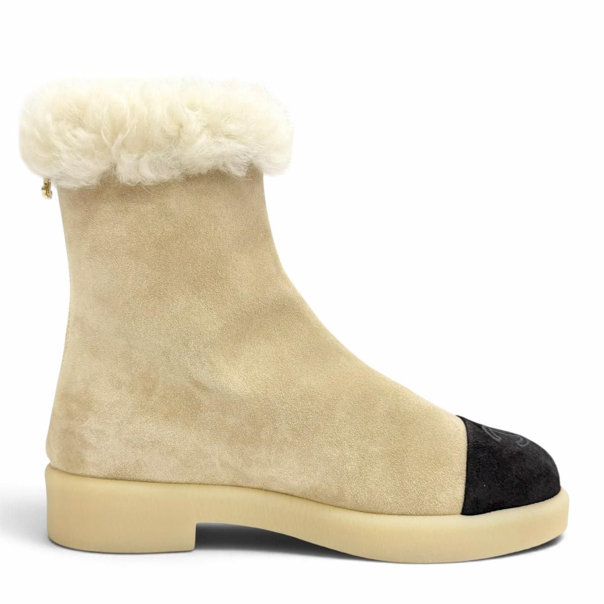 Chanel Suede Leather CC Logo Back Zip Shearling Ankle Boots Short — view 6
