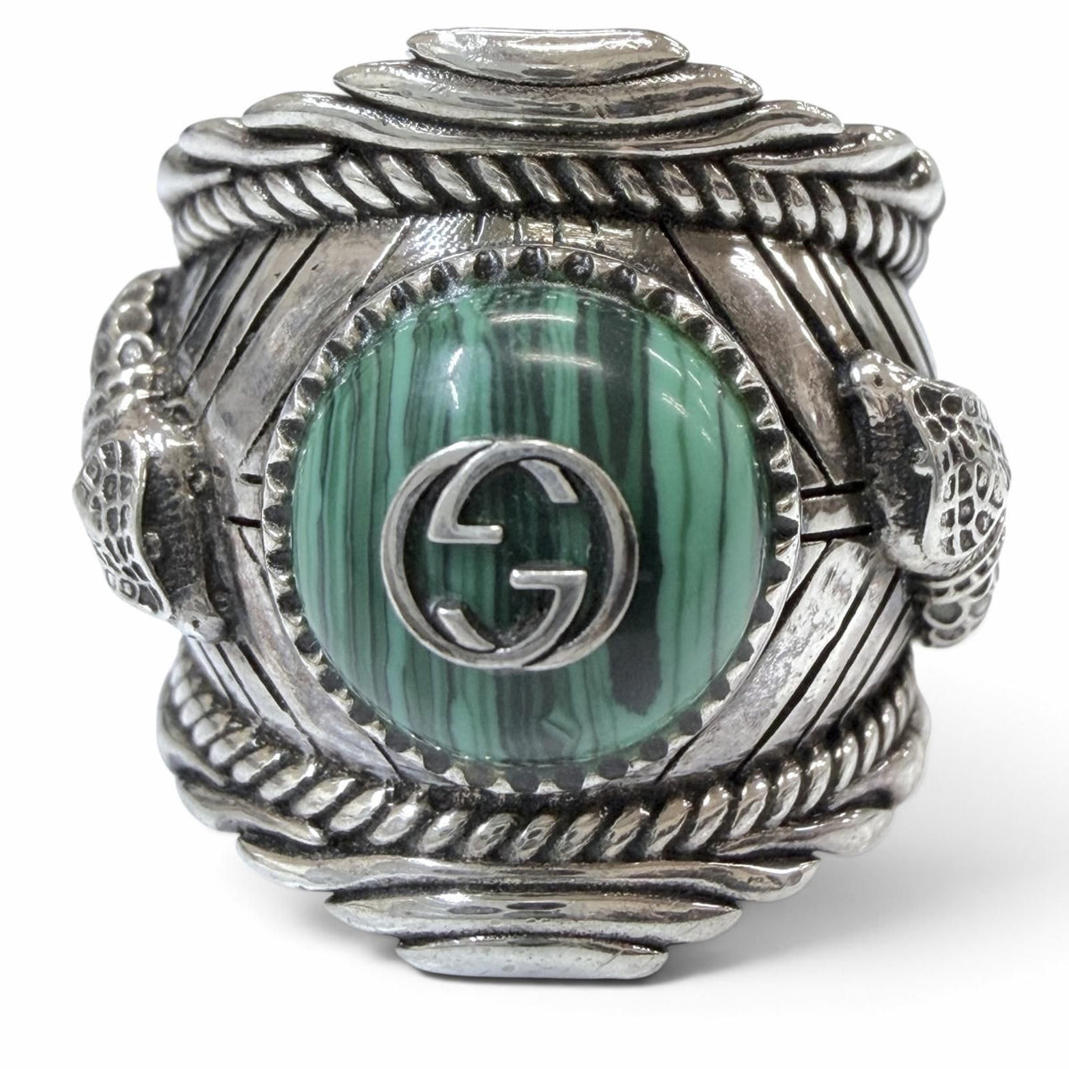 Gucci Interlocking G Garden Snake Tiger Head Ring Silver Green — view 2