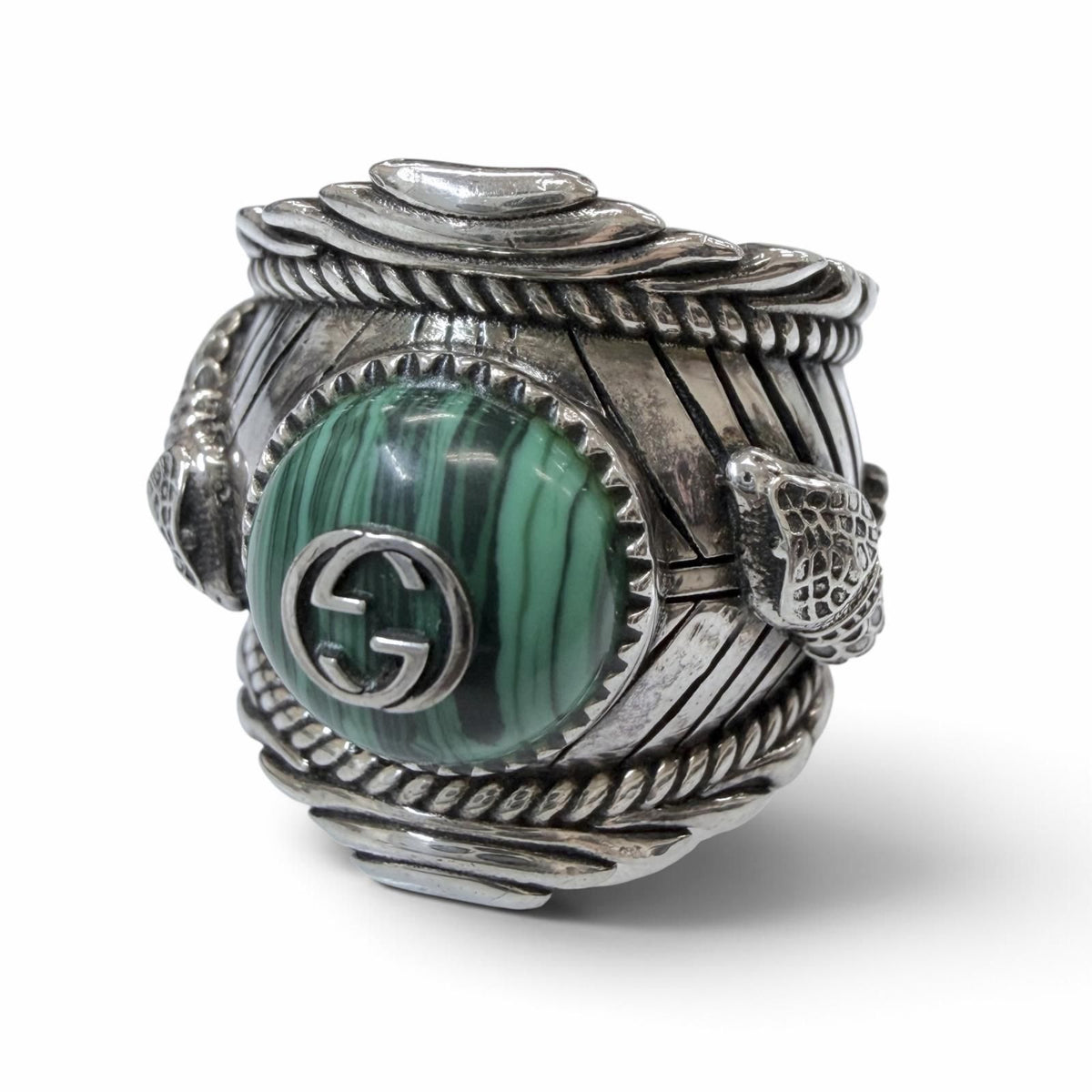 Gucci Interlocking G Garden Snake Tiger Head Ring Silver Green