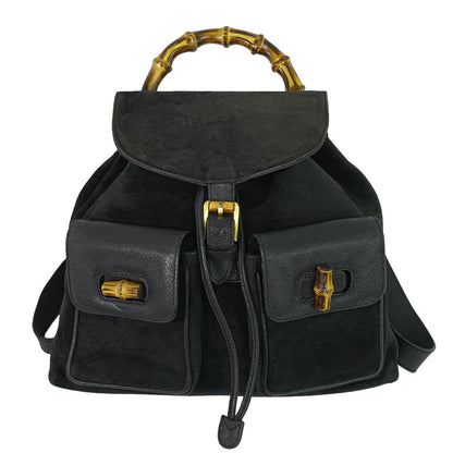 Gucci Bamboo Backpack Suede Leather Black