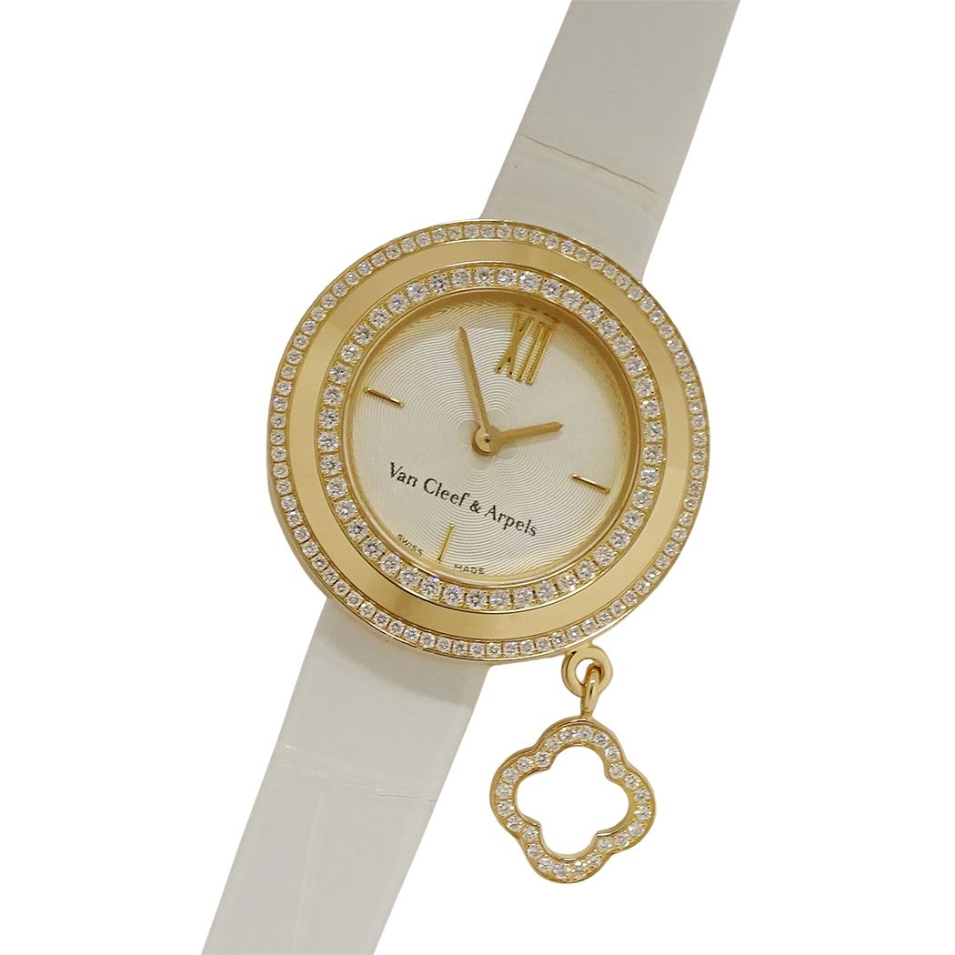 Van Cleef & Arpels Watch Charm Mini Diamond Quartz 750 Pink Gold Leather White